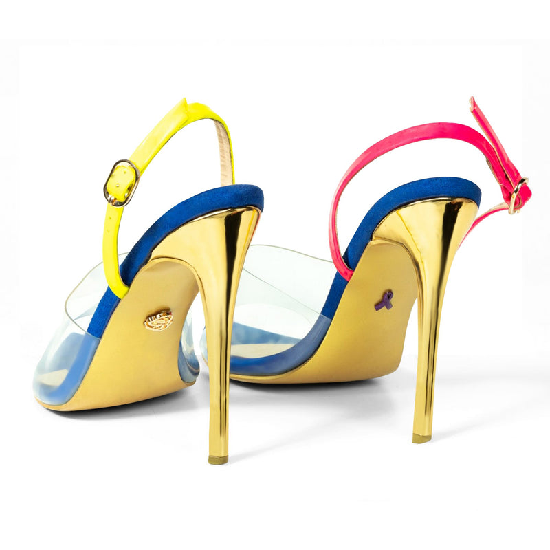 Elegance And Fashion Concept. Shoes In Dark Blue Color. High Heel Footwear  Isolated On Yellow Background. Pair Of Formal Suede Female Shoes, Close Up  Stock Photo, Picture and Royalty Free Image. Image